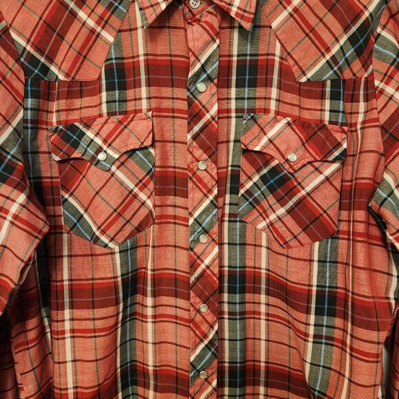Border Town Pearl Snap Shirt Western Mens Medium Red Black Plaid Vintage - Picture 5 of 15